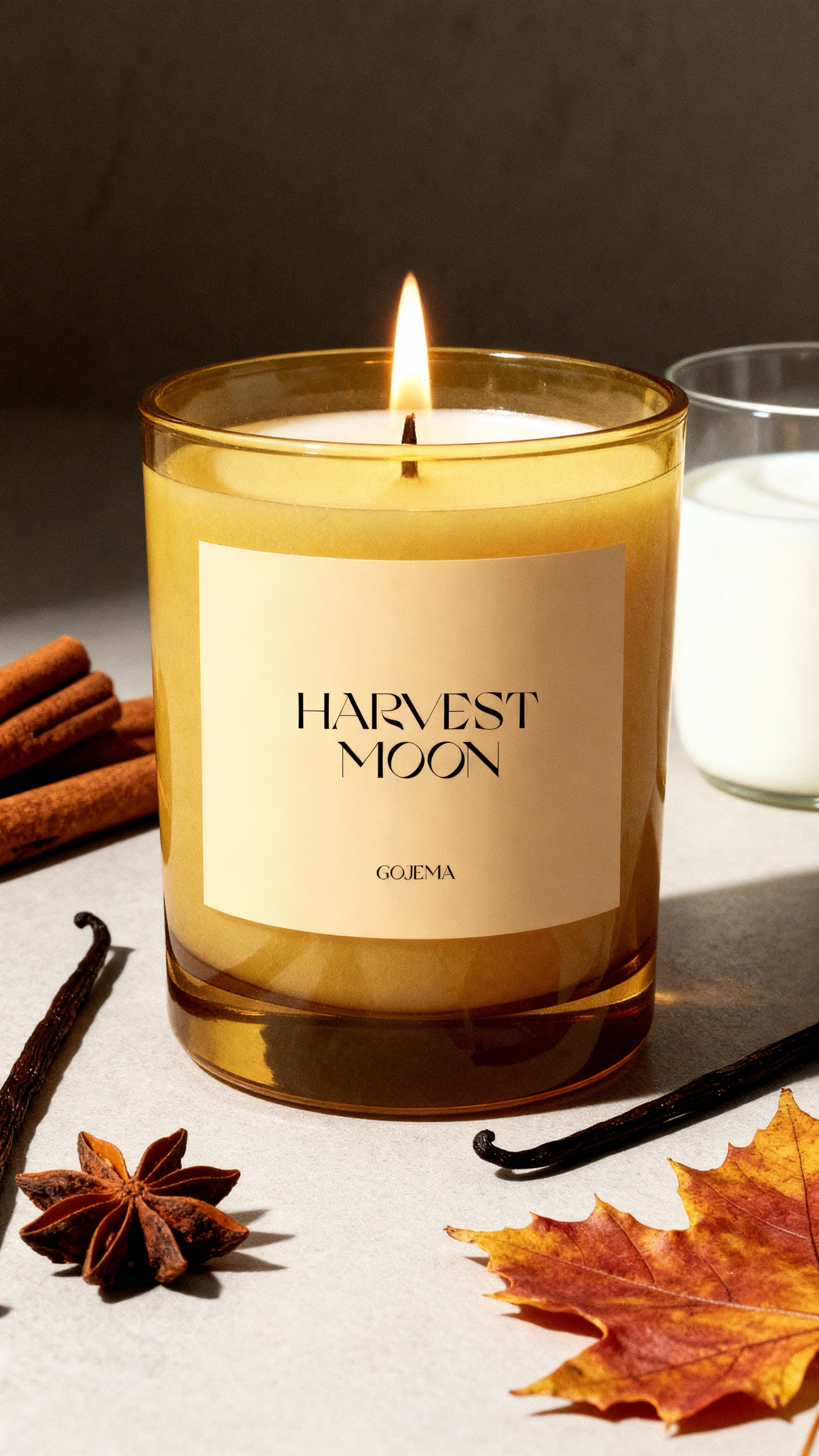 Candle labeled 'Harvest Moon' with cinnamon sticks, vanilla beans, and a leaf on a dark background